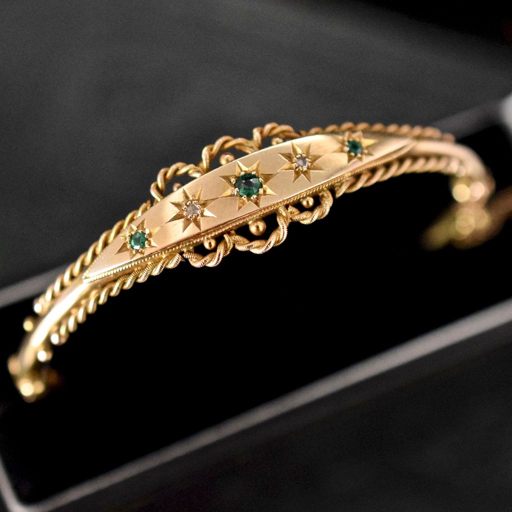 Antique Edwardian 9ct Rose-Cut Diamond Green Stone Bangle Bracelet Circa 1910