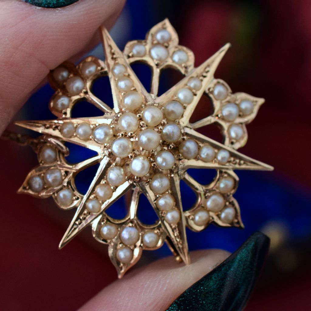 Antique Australian 15ct Yellow Gold Pearl Celestial ‘Starburst’ Brooch/Pendant By Willis And Sons Circa 1890