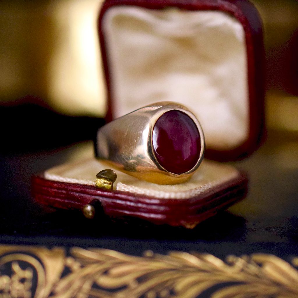 Vintage Large 9ct Yellow Gold Synthetic Ruby Signet Ring Circa 1950’s