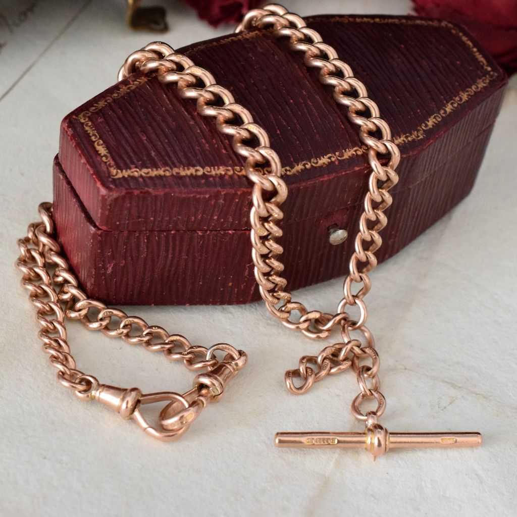 Antique Edwardian 9ct Rose Gold Double Albert Fob Watch Chain 48.48 Grams