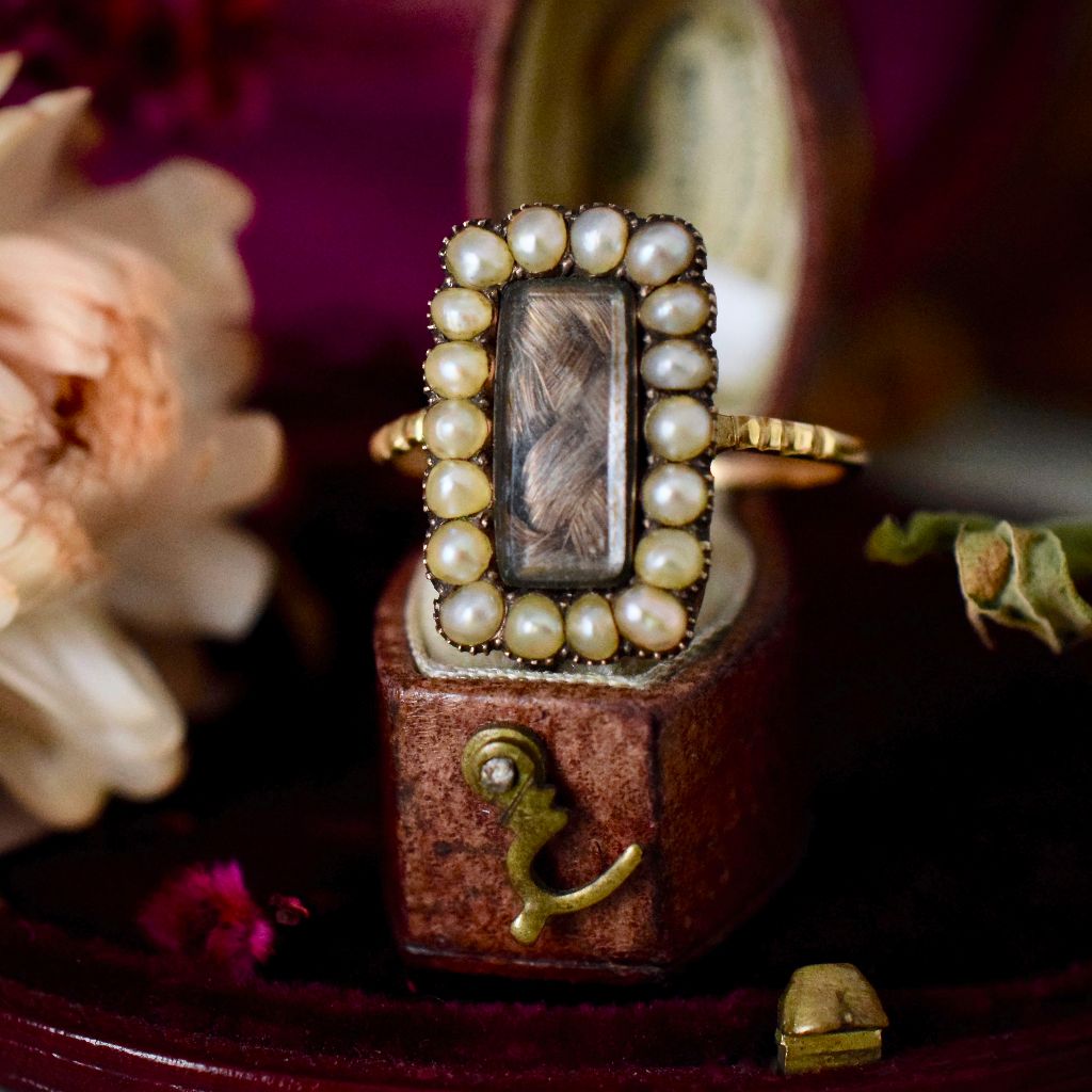Georgian Natural Seed Pearl Mourning Hair Locket Ring Circa 1820
