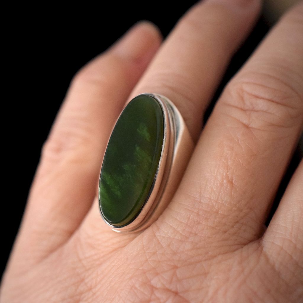 Vintage Massive Danish Sterling Silver Nephrite Jade Statement Ring 17.81 Grams