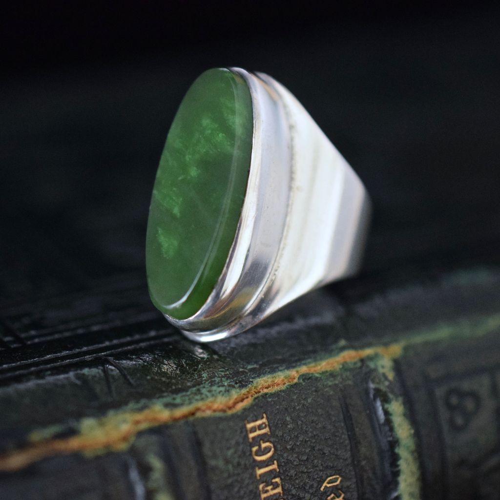 Vintage Massive Danish Sterling Silver Nephrite Jade Statement Ring 17.81 Grams