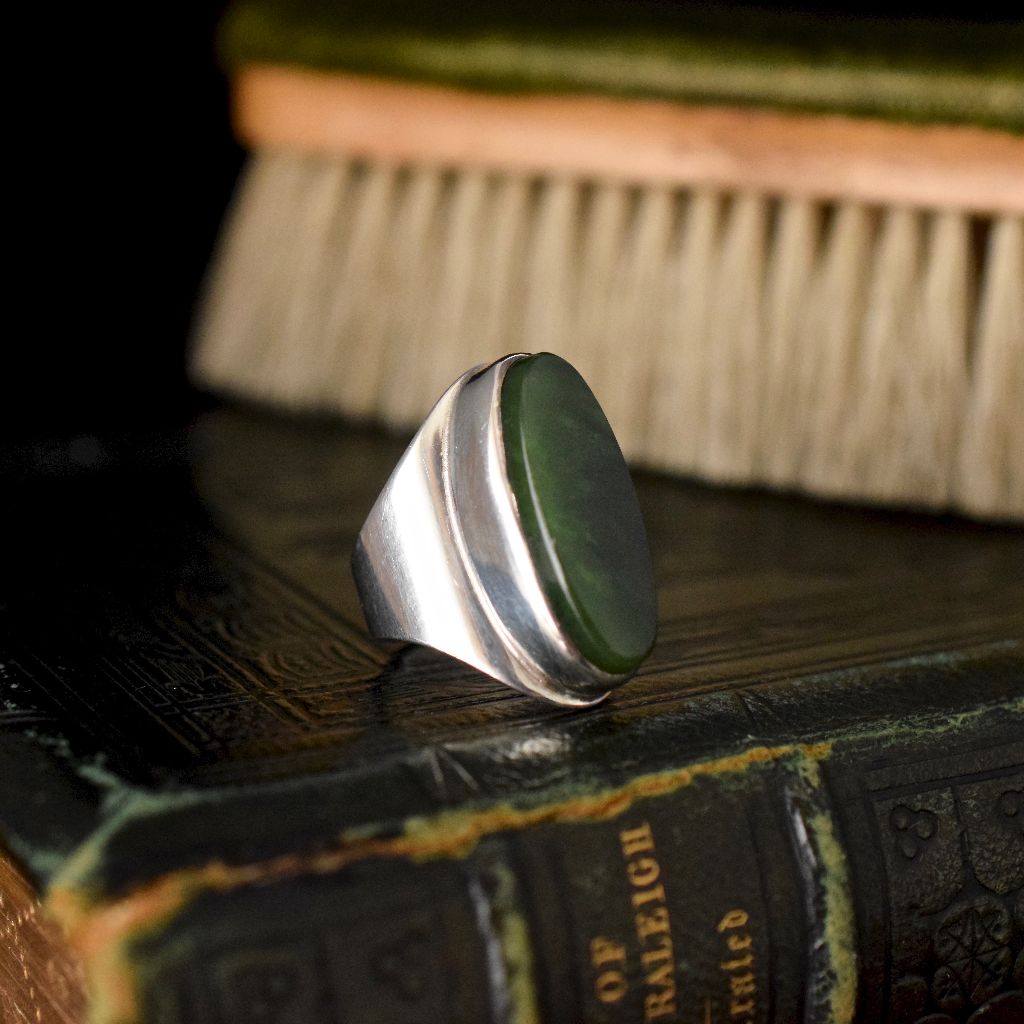 Vintage Massive Danish Sterling Silver Nephrite Jade Statement Ring 17.81 Grams