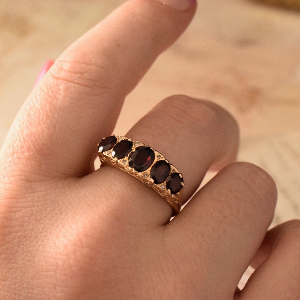 Vintage 9ct Rose Gold Garnet And Diamond Five Stone Ring