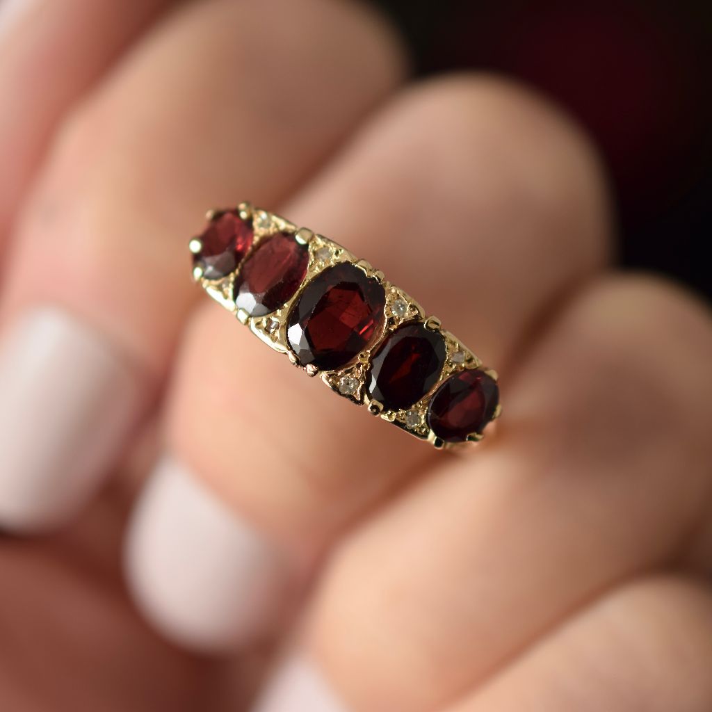 Vintage 9ct Rose Gold Garnet And Diamond Five Stone Ring