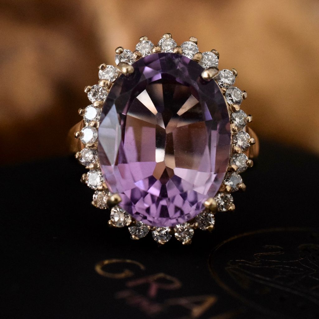 Vintage/Modern 9ct Yellow Gold Amethyst And Diamond Ring