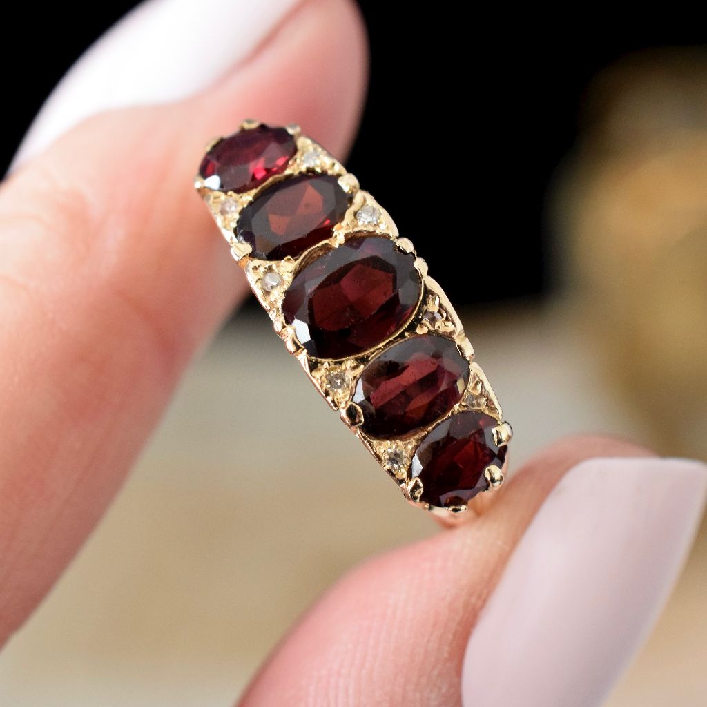 Vintage 9ct Rose Gold Garnet And Diamond Five Stone Ring
