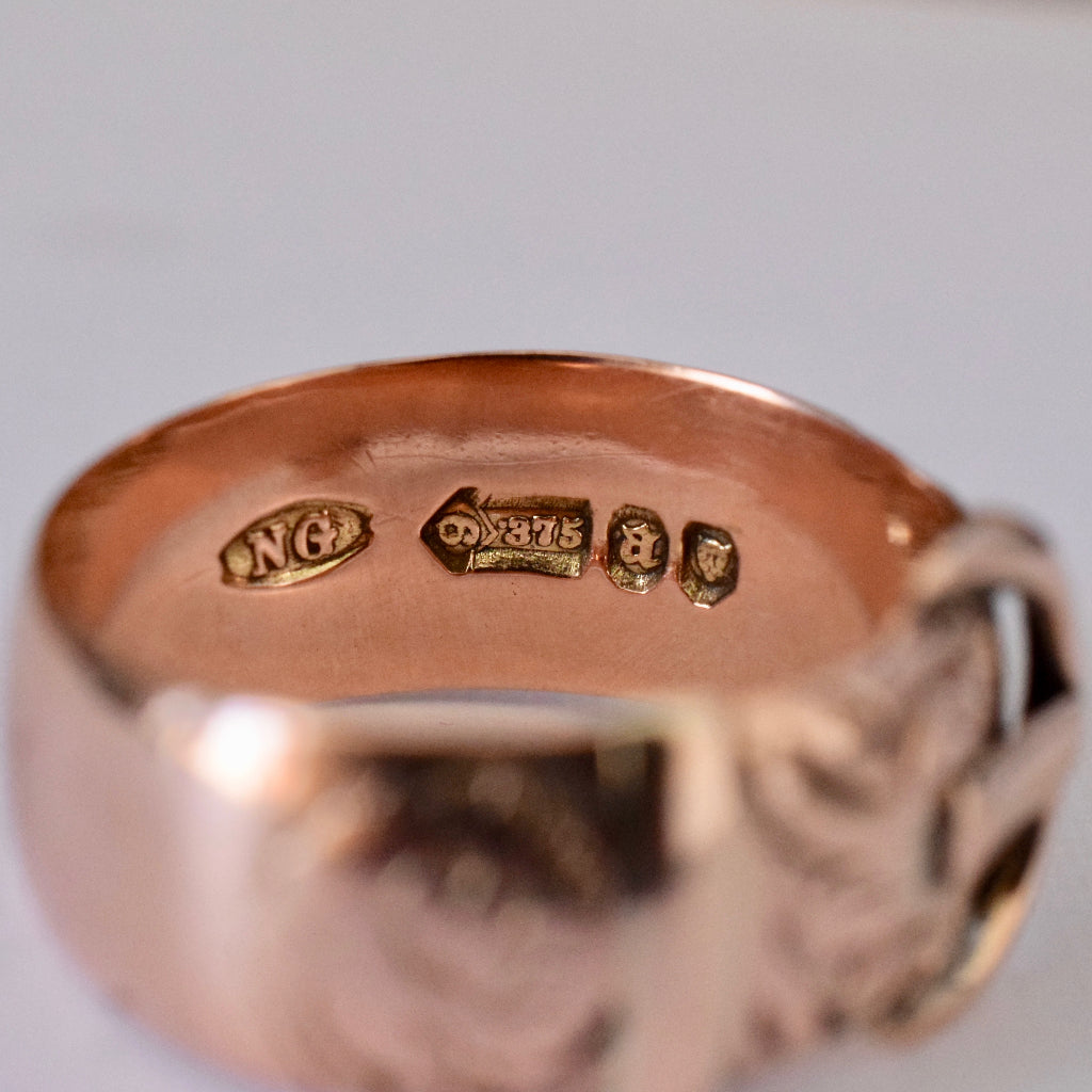 Antique 9ct Rose Gold Wide Patterned Buckle Ring 1916