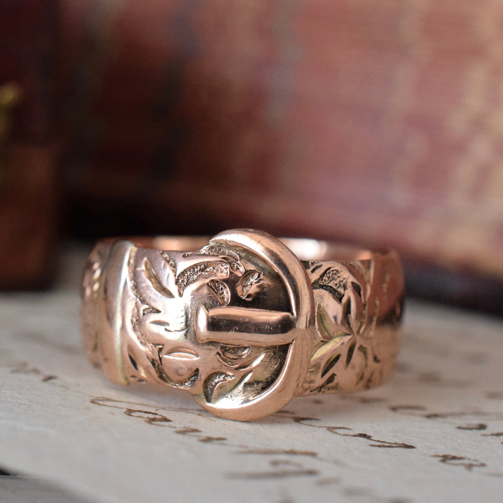 Antique 9ct Rose Gold Wide Patterned Buckle Ring 1916