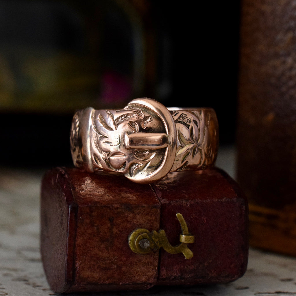 Antique 9ct Rose Gold Wide Patterned Buckle Ring 1916