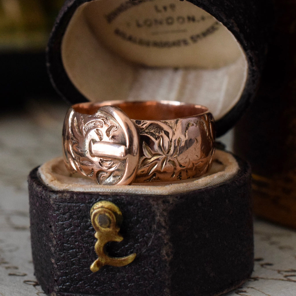 Antique 9ct Rose Gold Wide Patterned Buckle Ring 1916