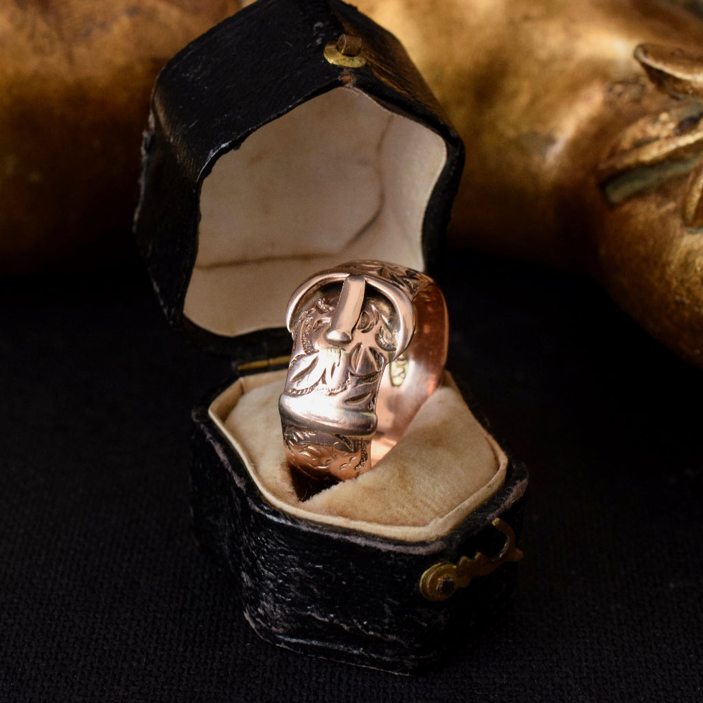 Antique 9ct Rose Gold Wide Patterned Buckle Ring 1916