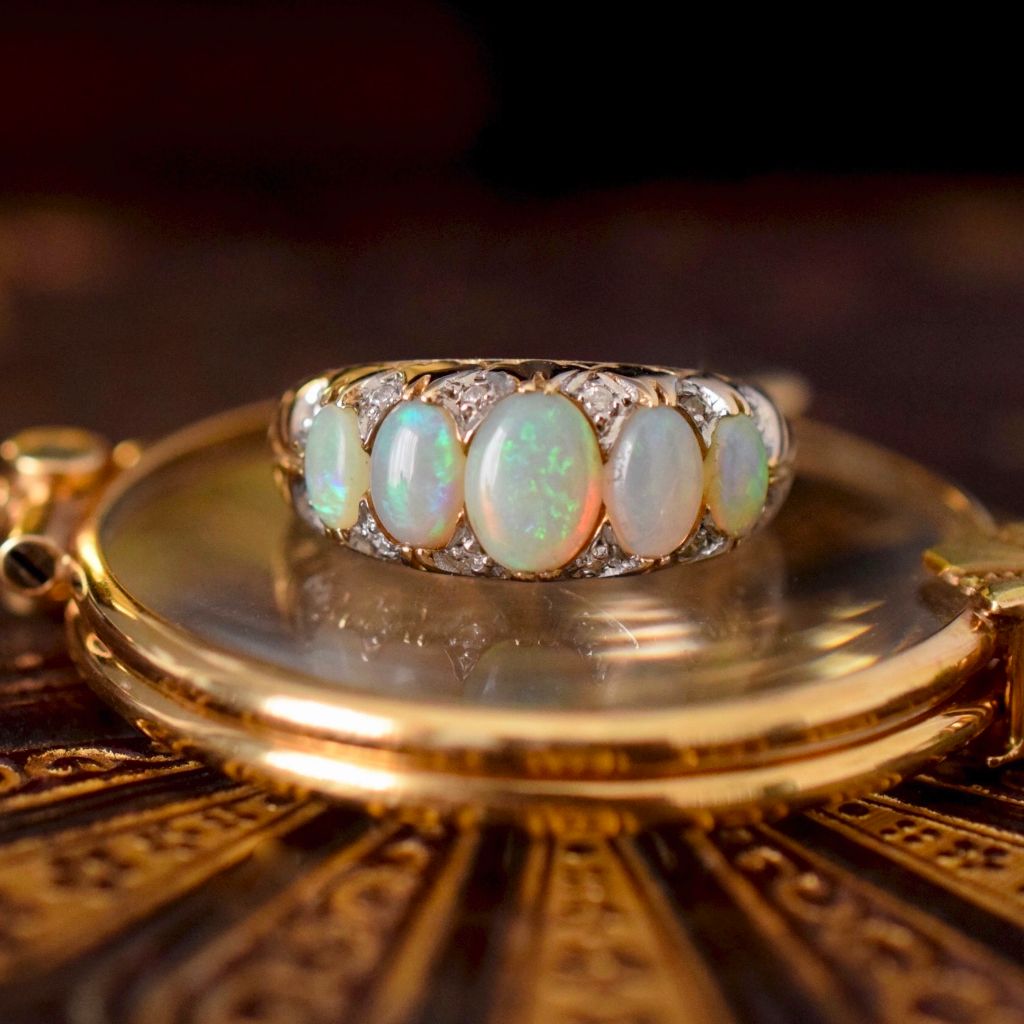Stunning Five Stone Opal And Diamond 9ct Yellow Gold Ring