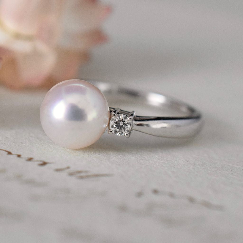Mikimoto Platinum Akoya Pearl And Diamond Ring