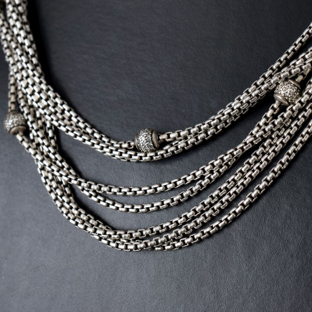 David Yurman Eight Strand Sterling Diamond Pave Ball Necklace