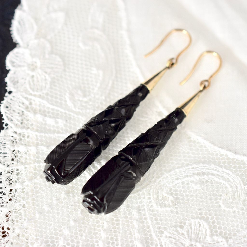 Victorian Carved Whitby Jet Drop Earrings Circa 1880