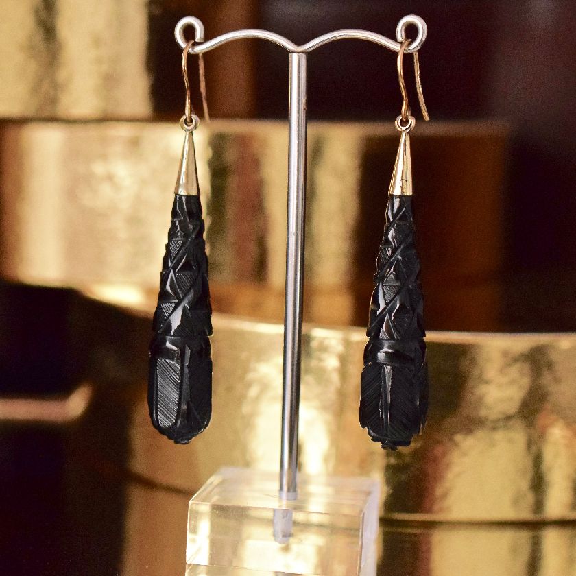 Victorian Carved Whitby Jet Drop Earrings Circa 1880