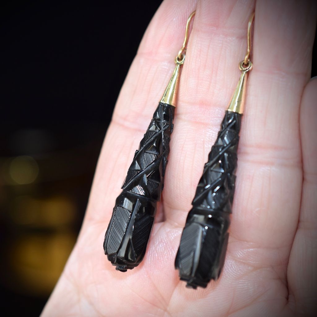 Victorian Carved Whitby Jet Drop Earrings Circa 1880