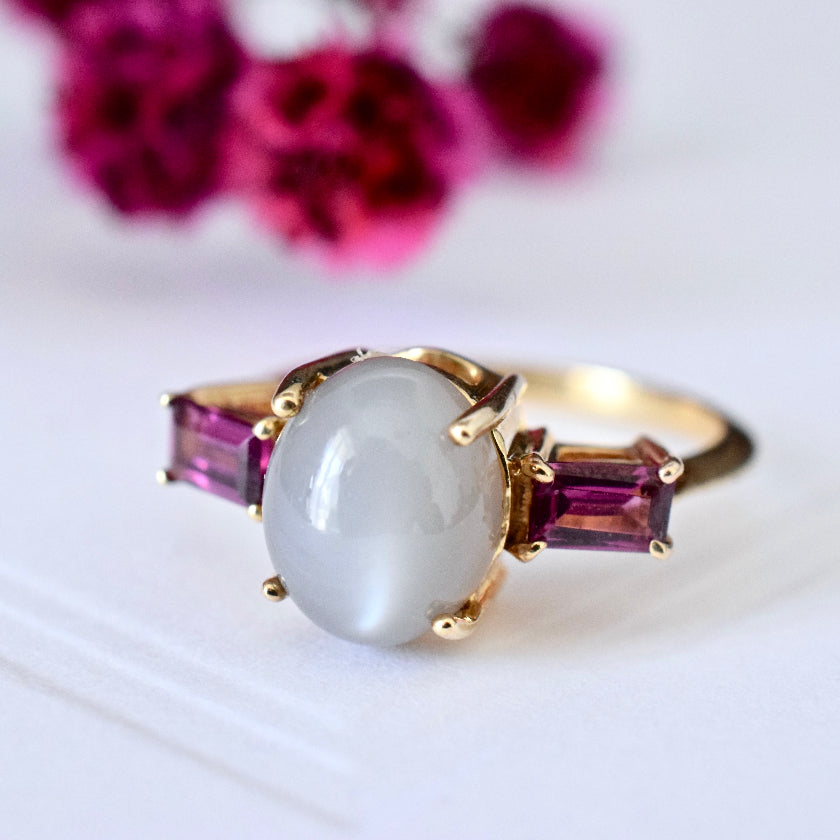 Modern Moonstone And Tourmaline 9ct Yellow Gold Ring Full British Hallmarks