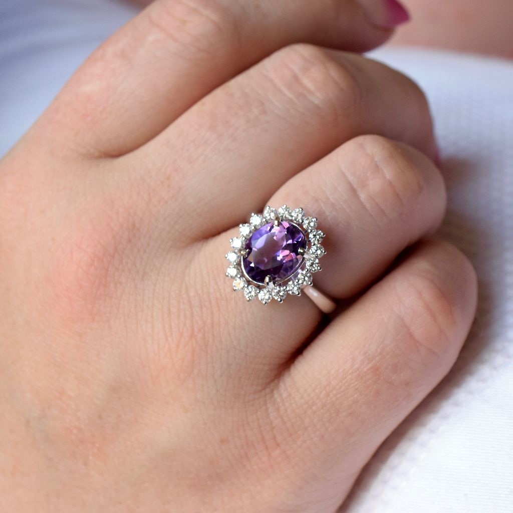 Modern 18ct White Gold Amethyst Diamond Ring