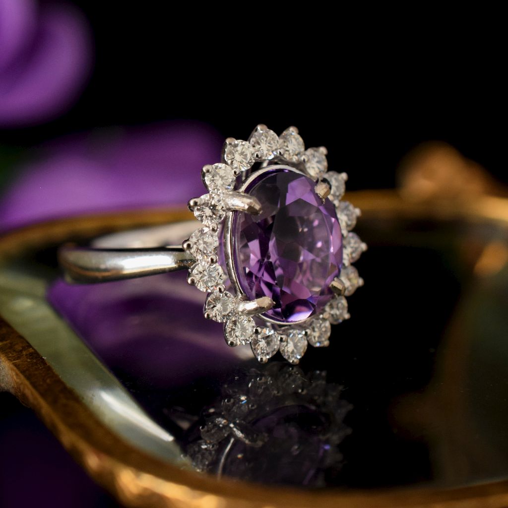 Modern 18ct White Gold Amethyst Diamond Ring