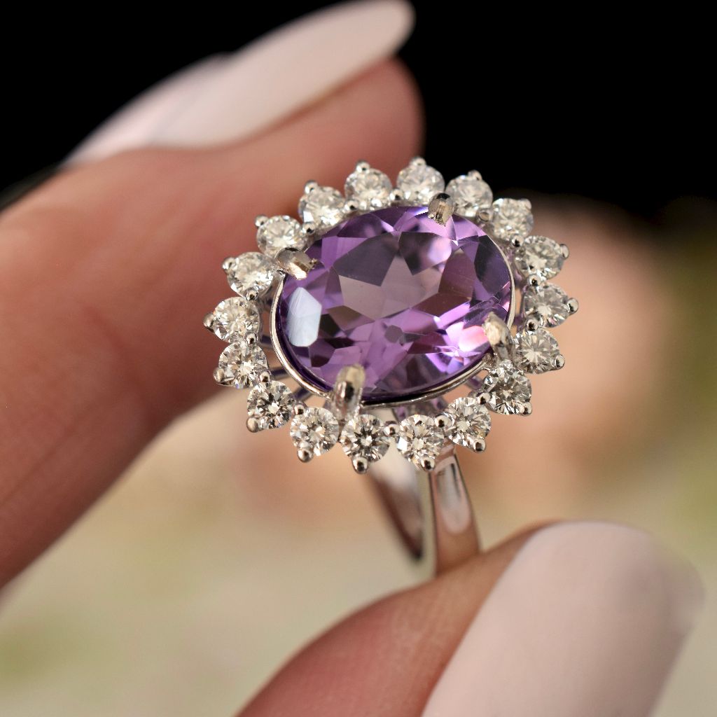 Modern 18ct White Gold Amethyst Diamond Ring