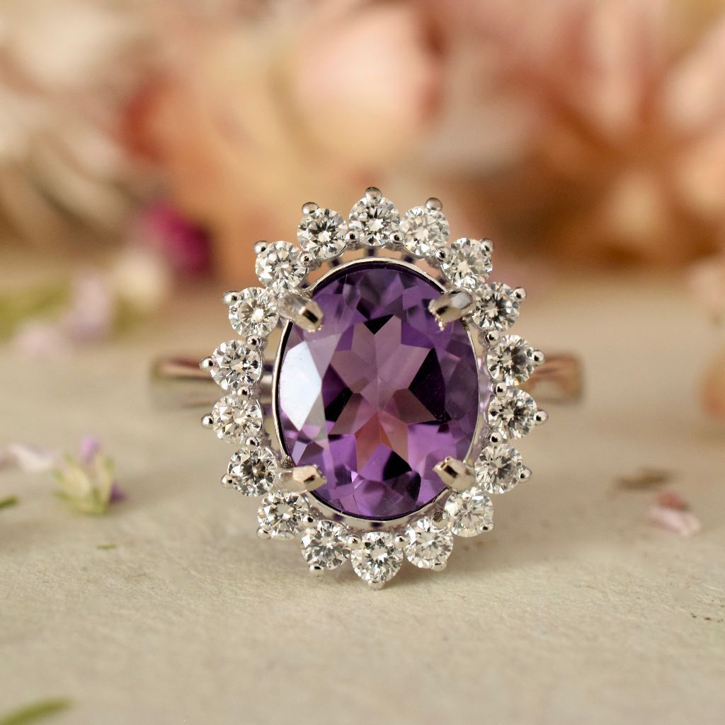 Modern 18ct White Gold Amethyst Diamond Ring
