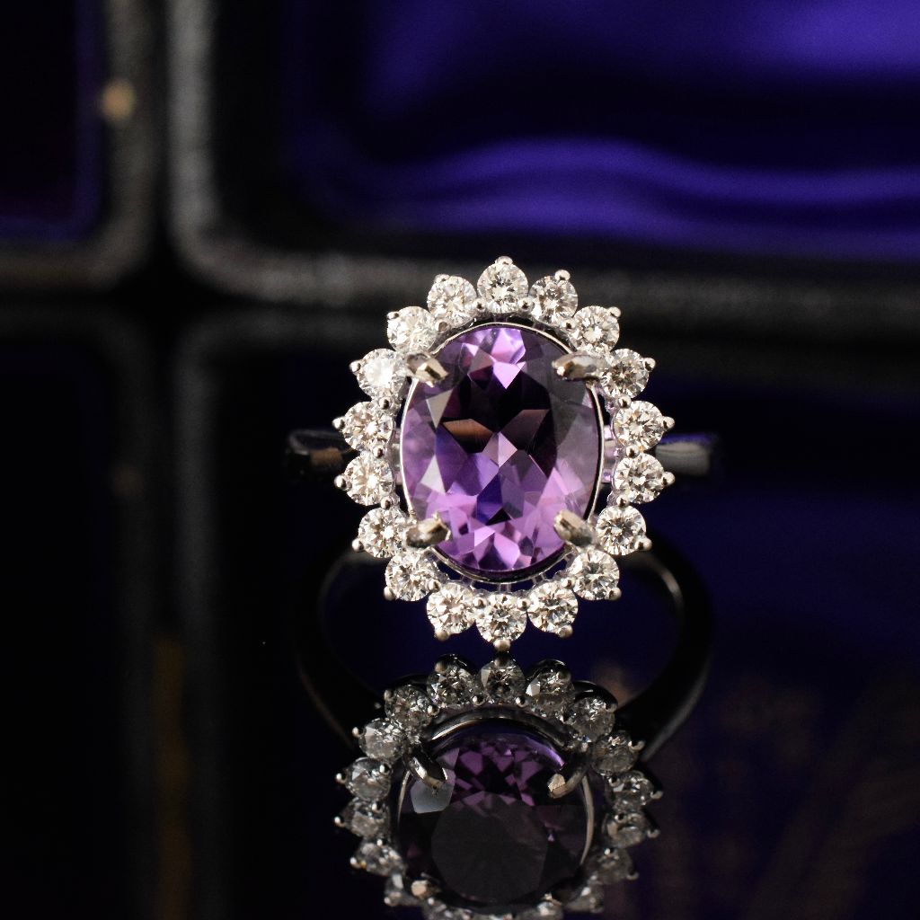 Modern 18ct White Gold Amethyst Diamond Ring
