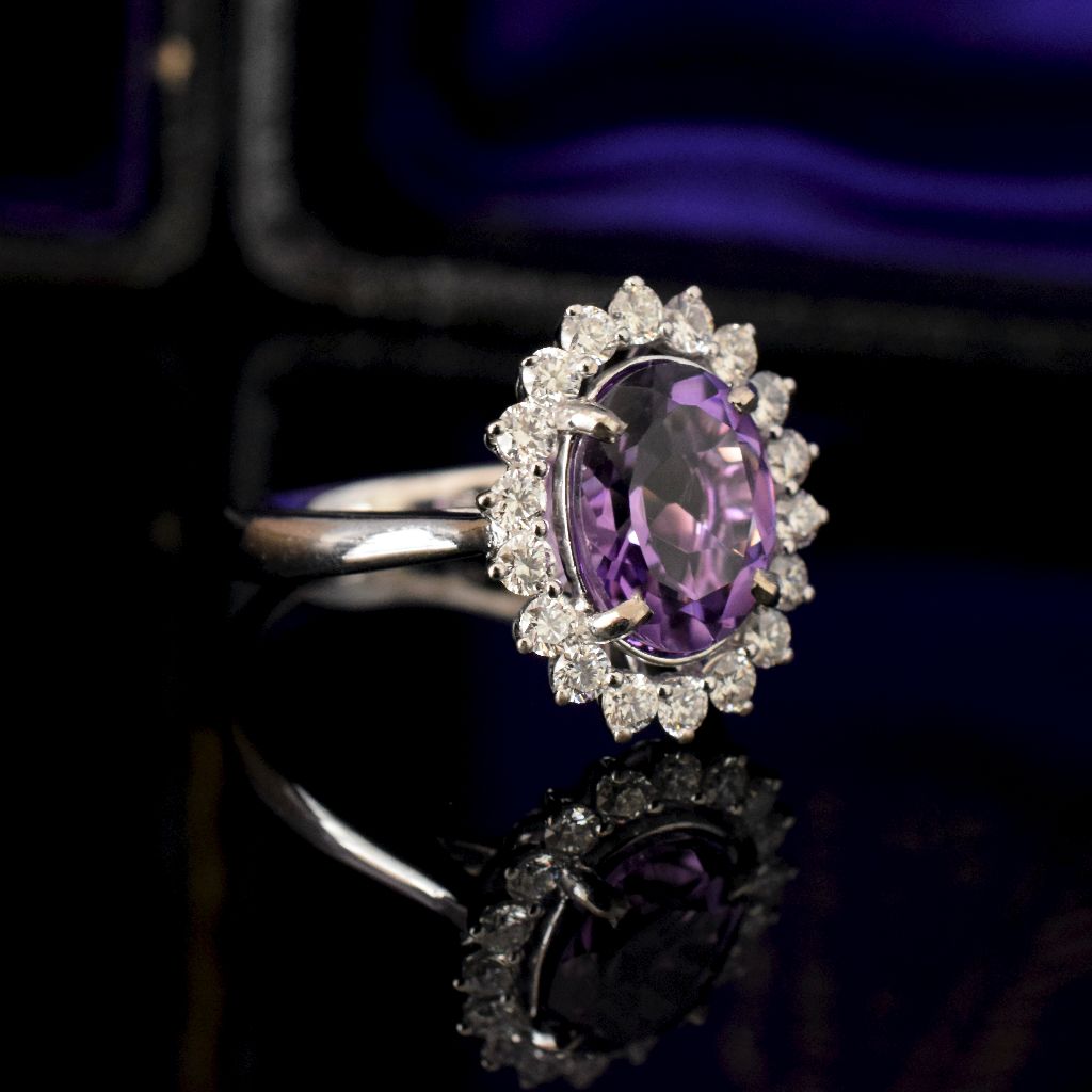 Modern 18ct White Gold Amethyst Diamond Ring