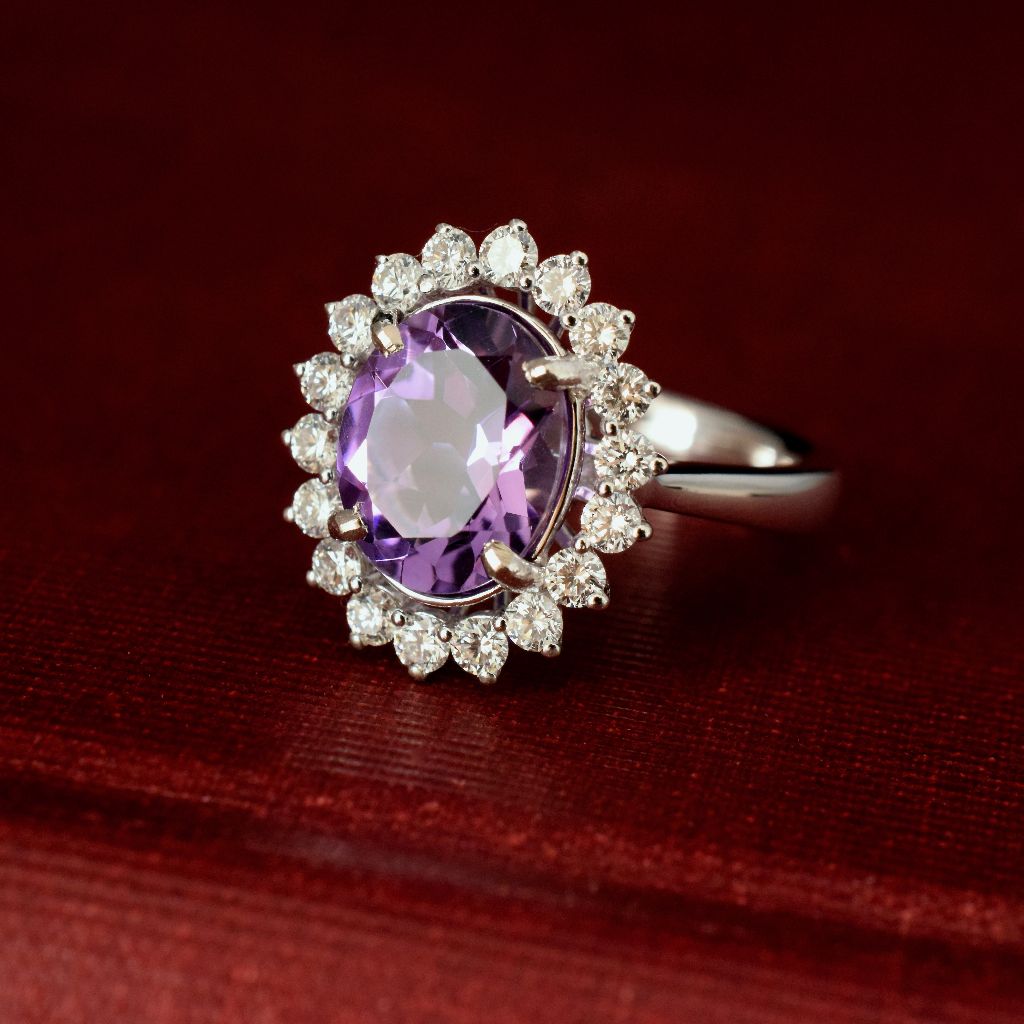 Modern 18ct White Gold Amethyst Diamond Ring