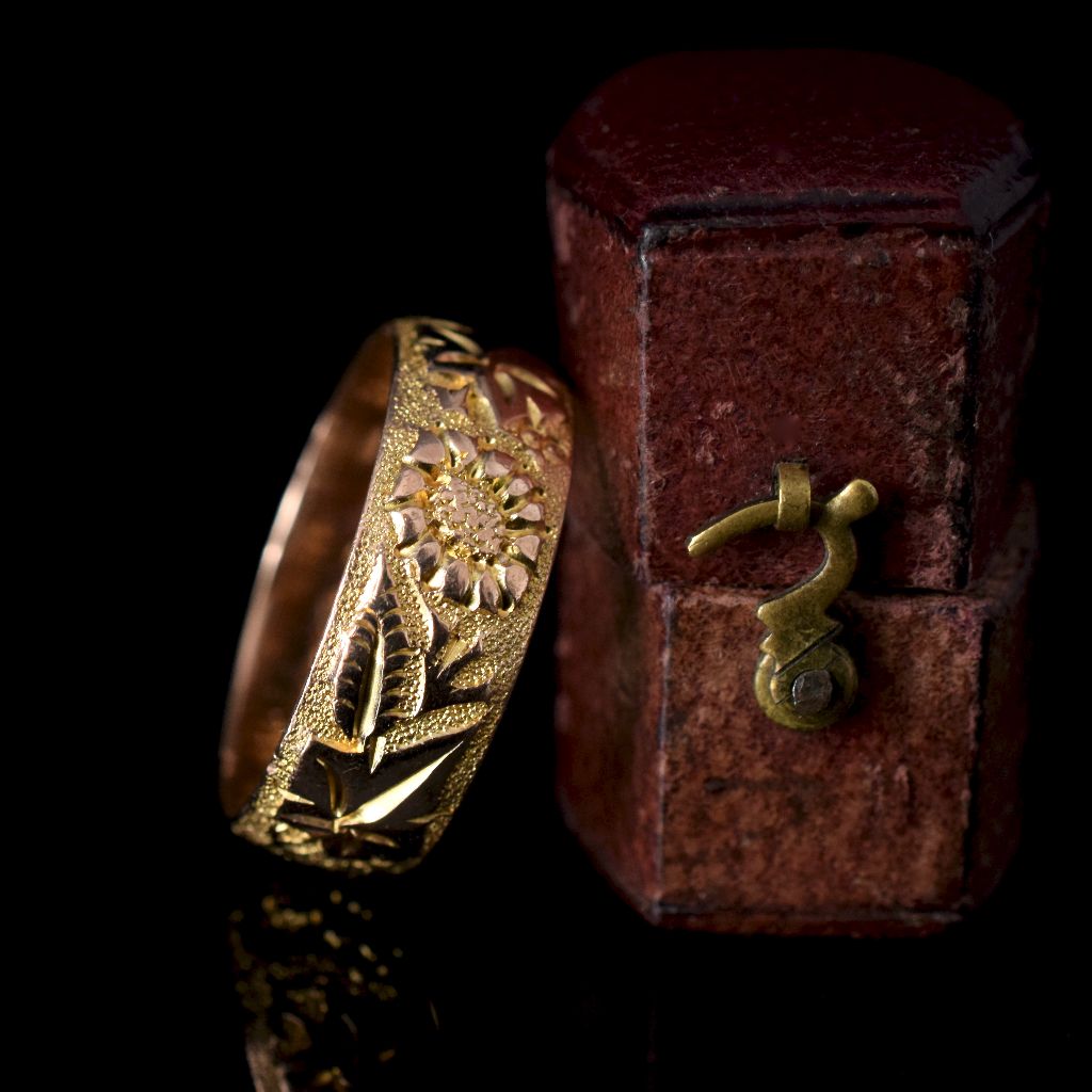 Antique 9ct Yellow Gold Wide Floral Wedding Ring Assayed in Chester 1901