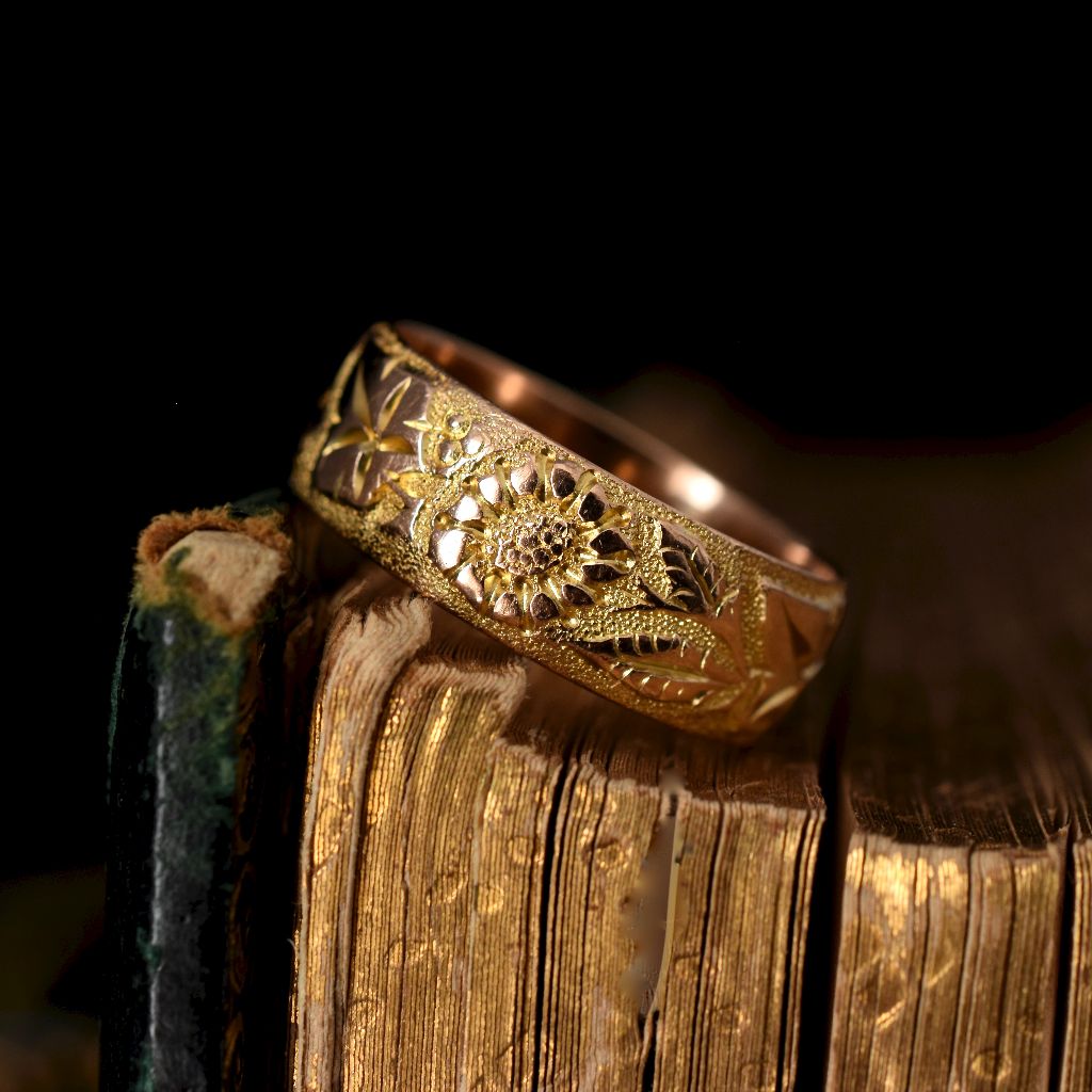 Antique 9ct Yellow Gold Wide Floral Wedding Ring Assayed in Chester 1901