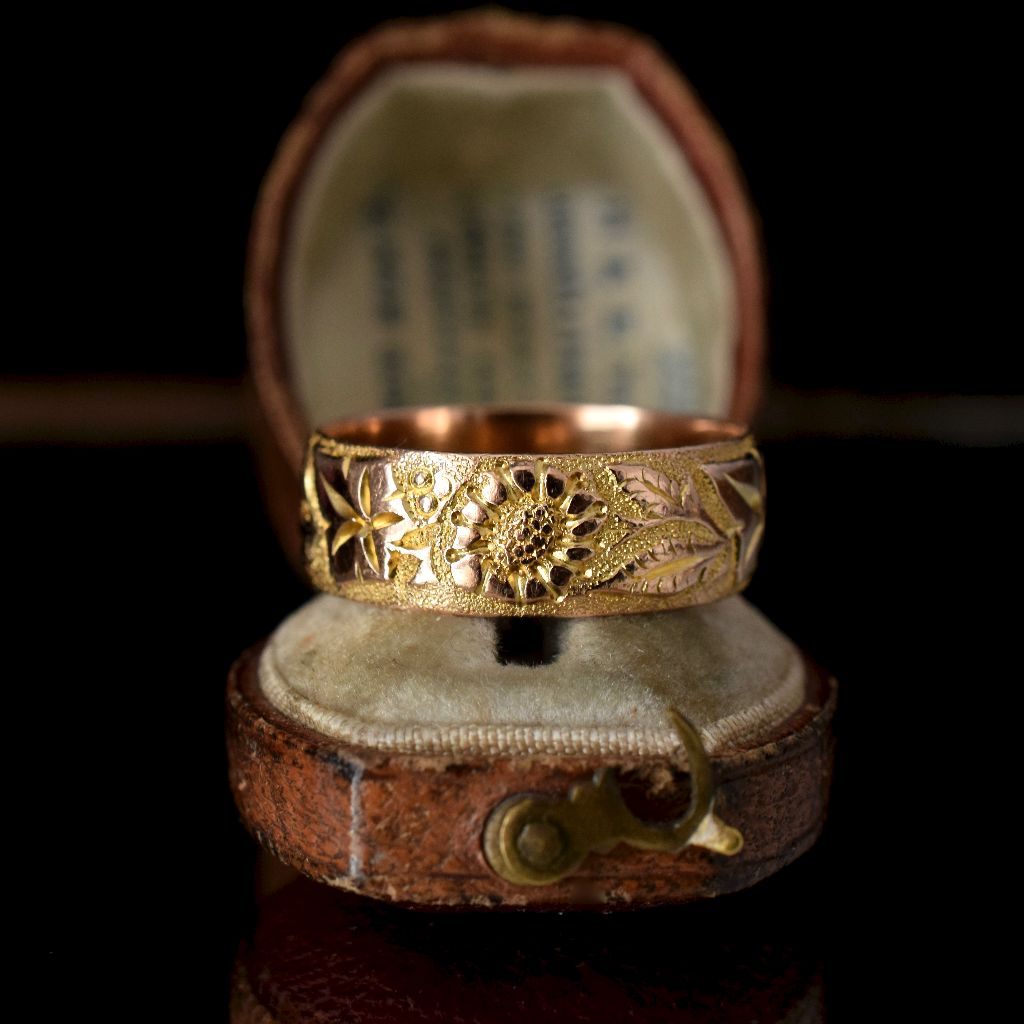Antique 9ct Yellow Gold Wide Floral Wedding Ring Assayed in Chester 1901
