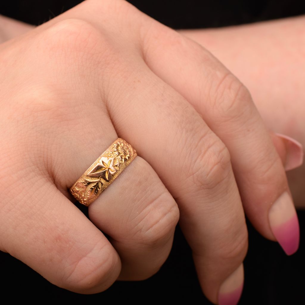 Antique 9ct Yellow Gold Wide Floral Wedding Ring Assayed in Chester 1901