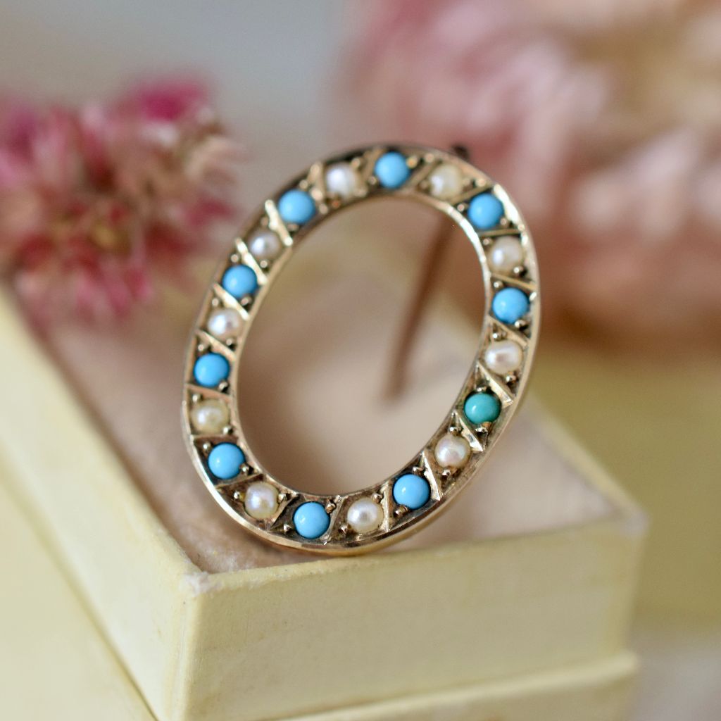 Antique Australian 9ct Turquoise And Seed Pearl Brooch Circa 1910