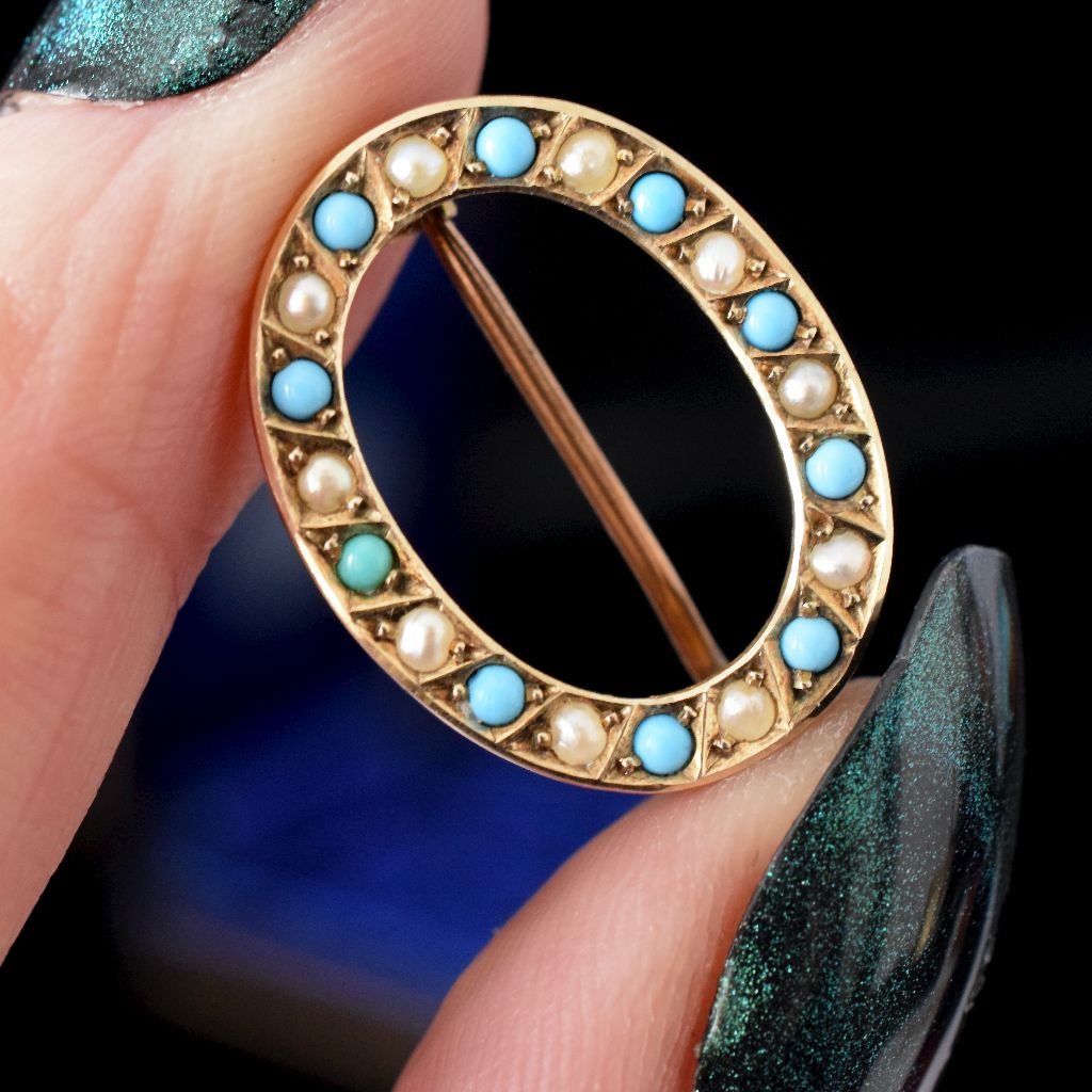 Antique Australian 9ct Turquoise And Seed Pearl Brooch Circa 1910
