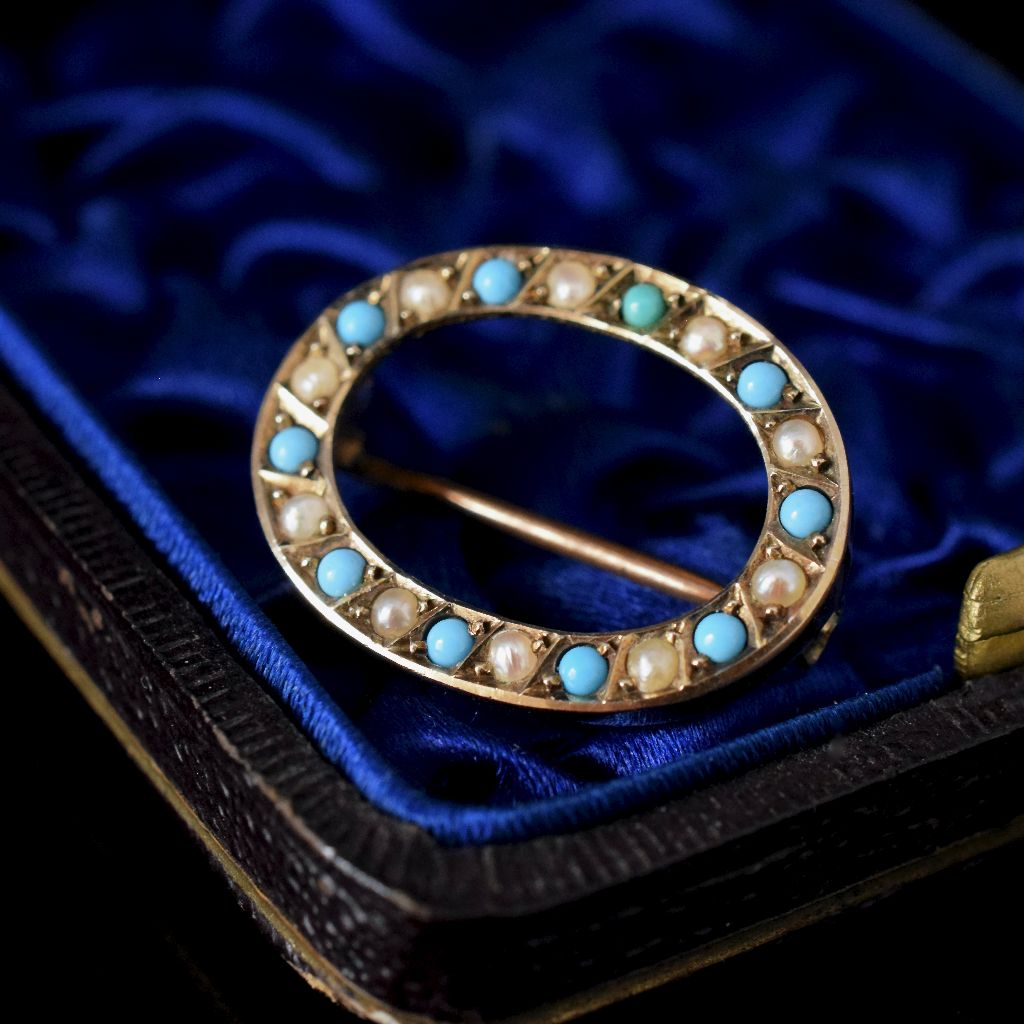 Antique Australian 9ct Turquoise And Seed Pearl Brooch Circa 1910