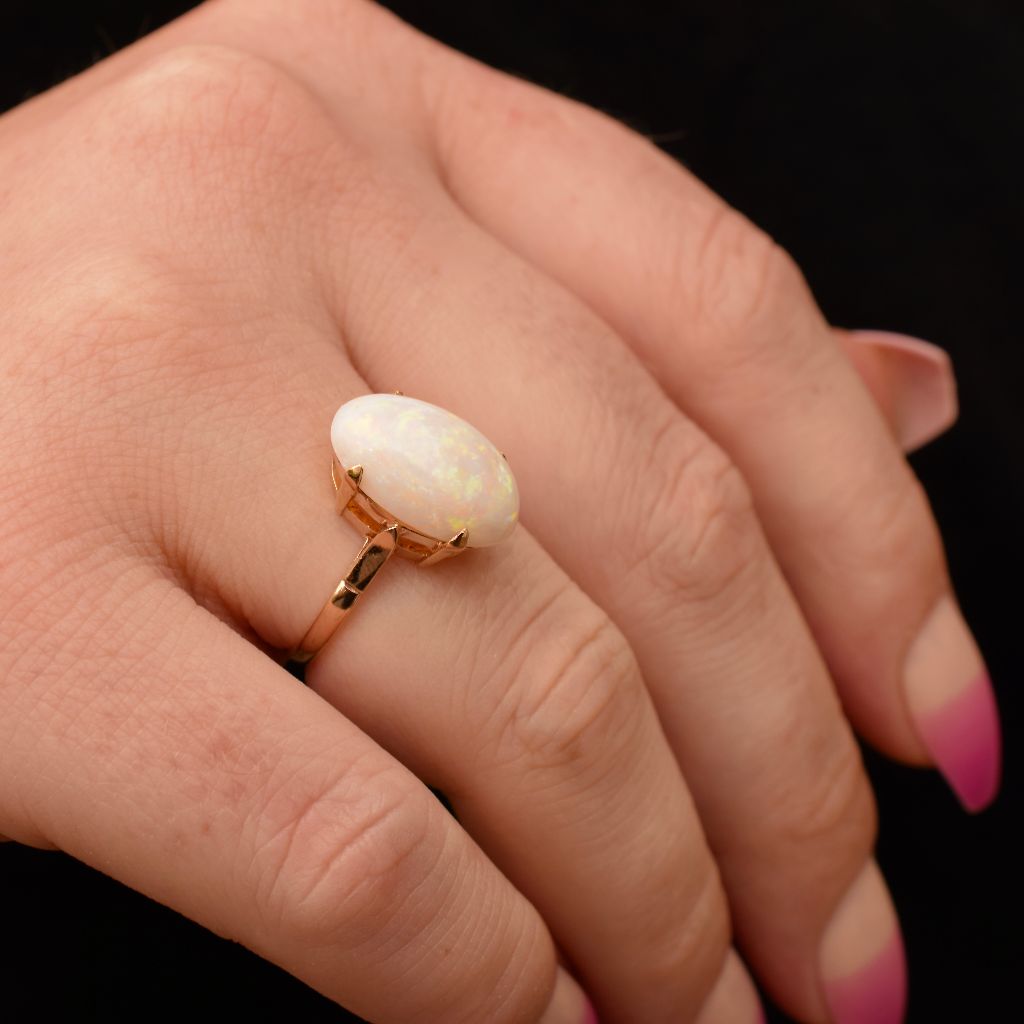 Vintage 9ct Yellow Gold Solid White Opal Cabochon Ring