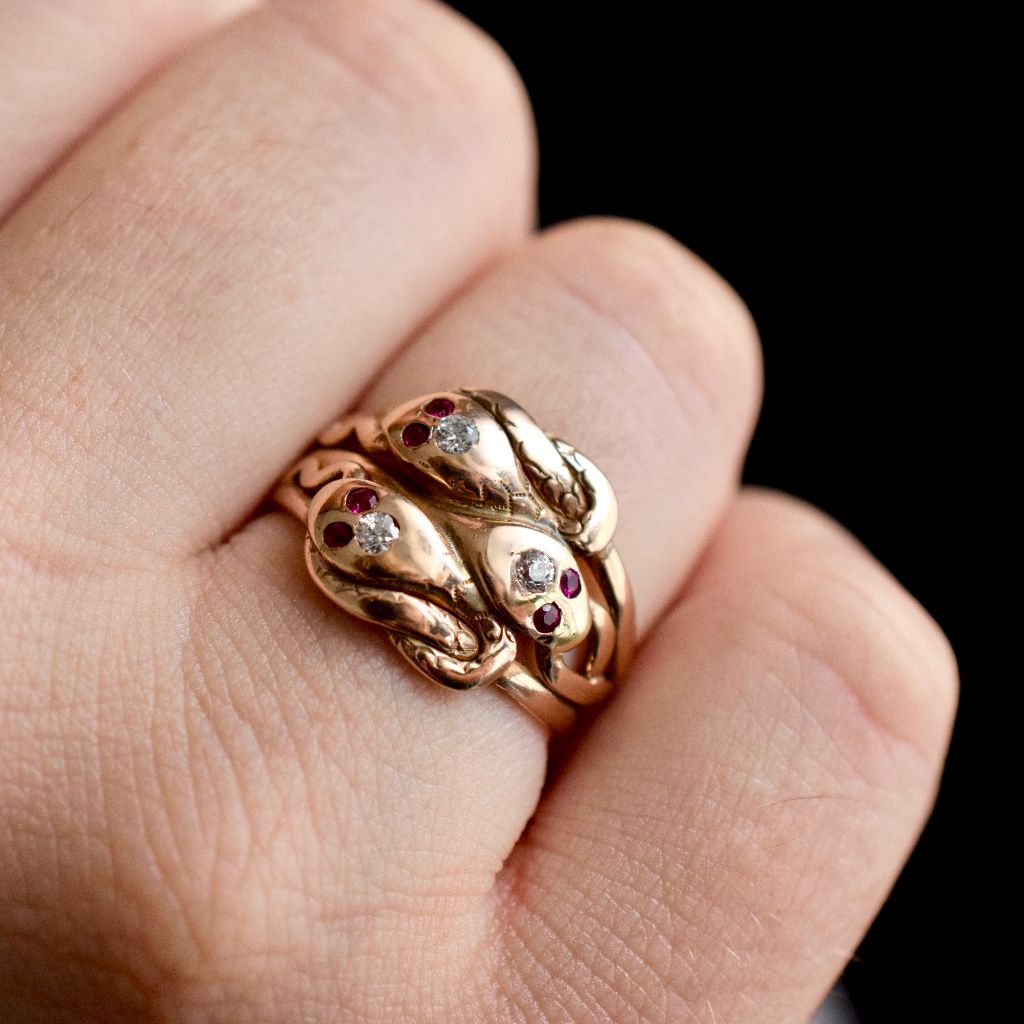 Antique Late Victorian / Art Nouveau 14ct Rose Gold Rare Triple Snake Ring