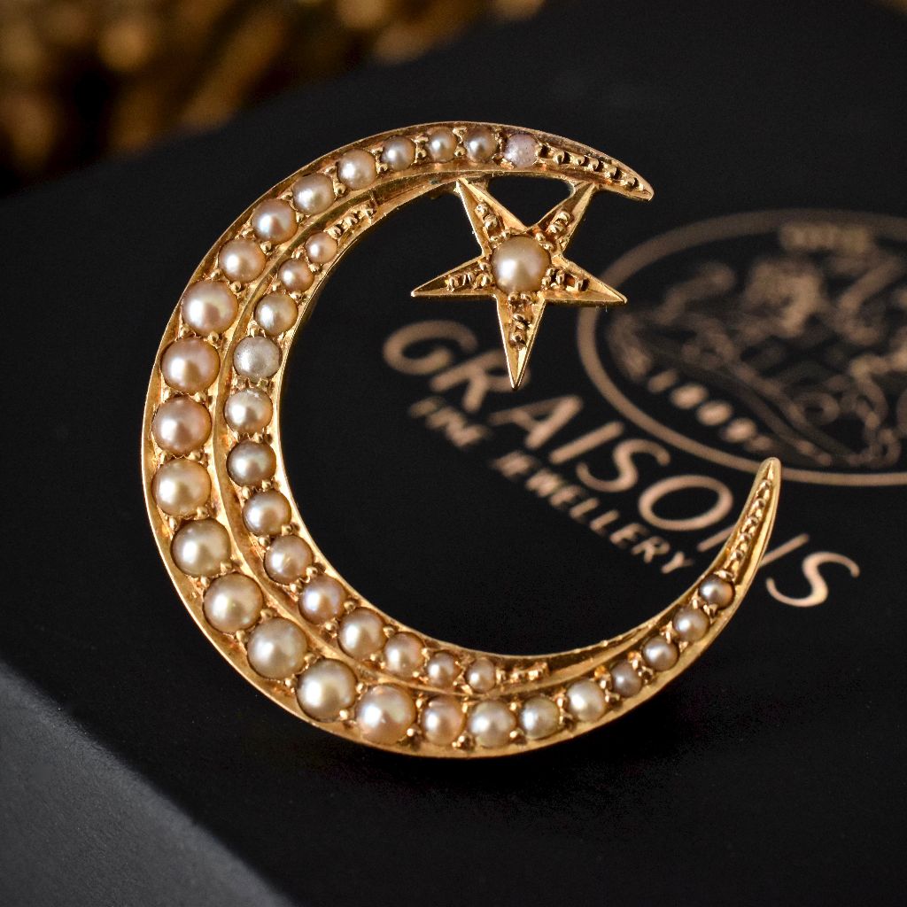 Antique Edwardian 15ct Gold ‘Star And Crescent’ Brooch Circa 1915 by P. Falk and Co.