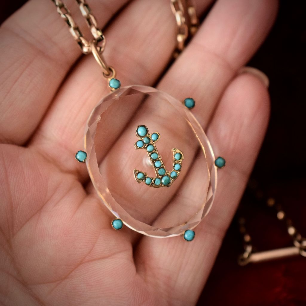 Antique Victorian Natural Turquoise And Crystal ‘Anchor’ Pendant