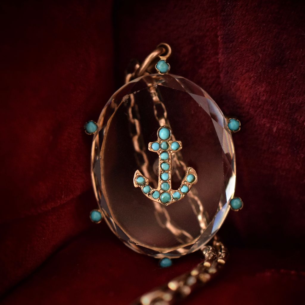 Antique Victorian Natural Turquoise And Crystal ‘Anchor’ Pendant