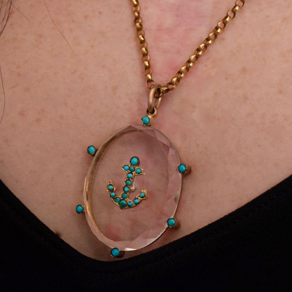 Antique Victorian Natural Turquoise And Crystal ‘Anchor’ Pendant
