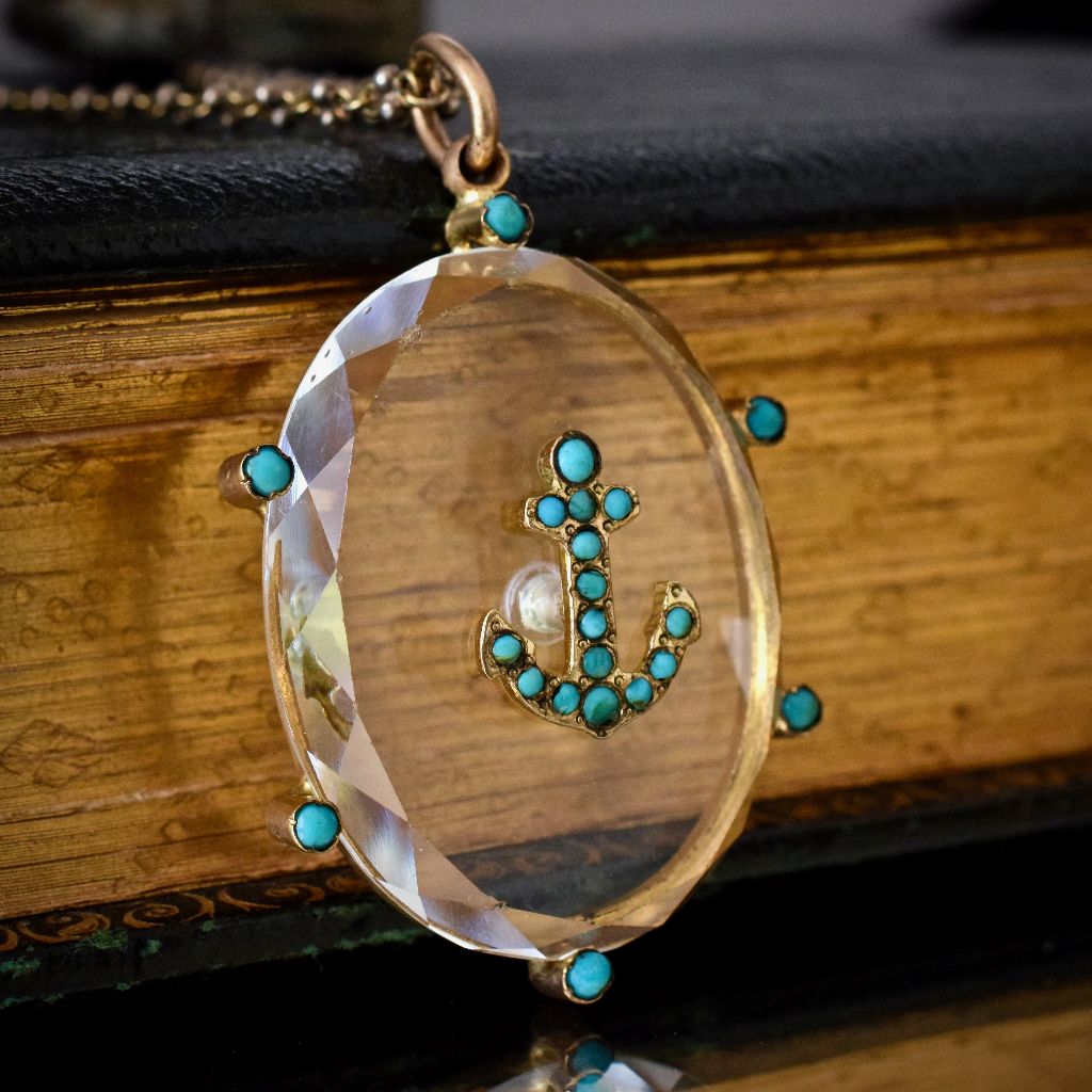 Antique Victorian Natural Turquoise And Crystal ‘Anchor’ Pendant