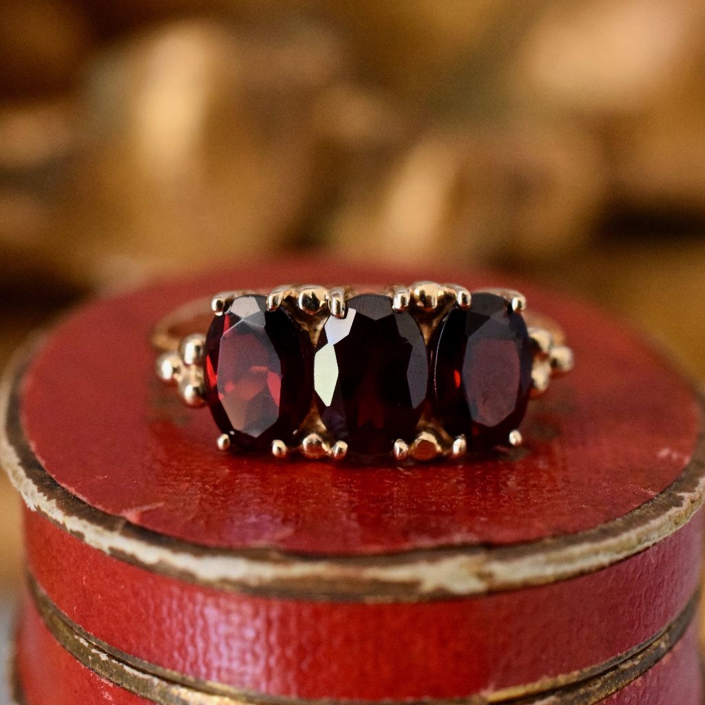 Modern/Vintage Garnet Trilogy 9ct Yellow Gold Ring