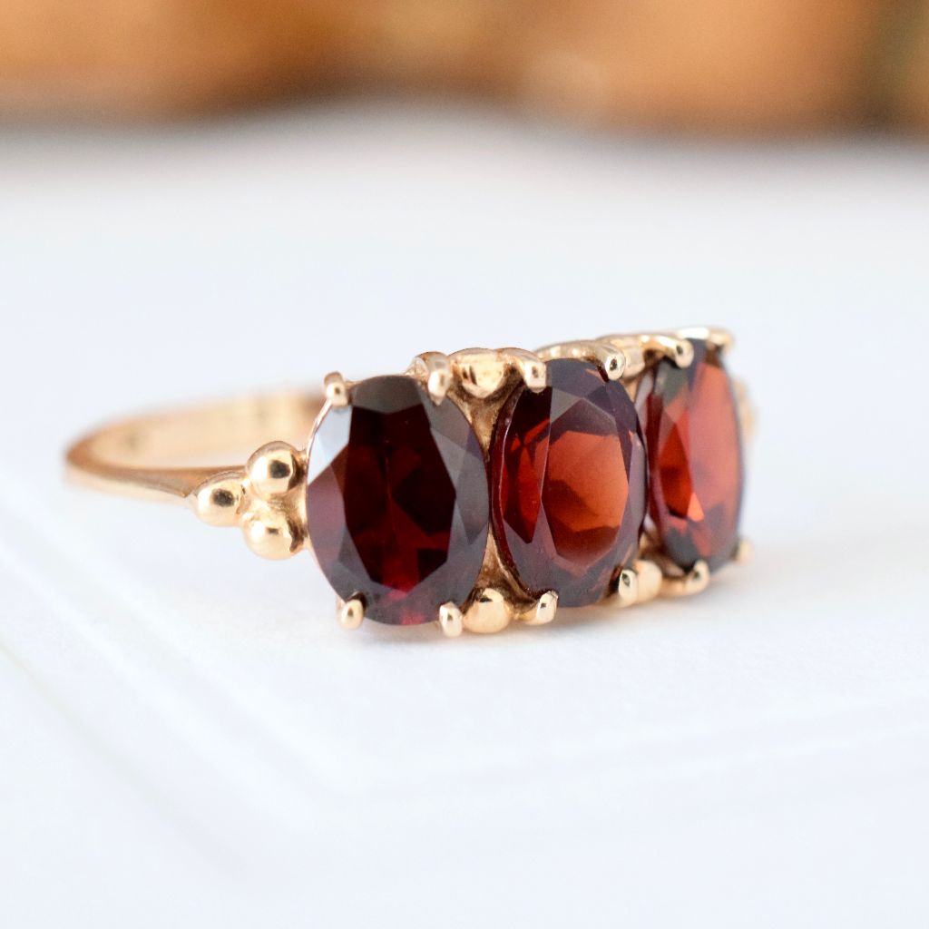 Modern/Vintage Garnet Trilogy 9ct Yellow Gold Ring