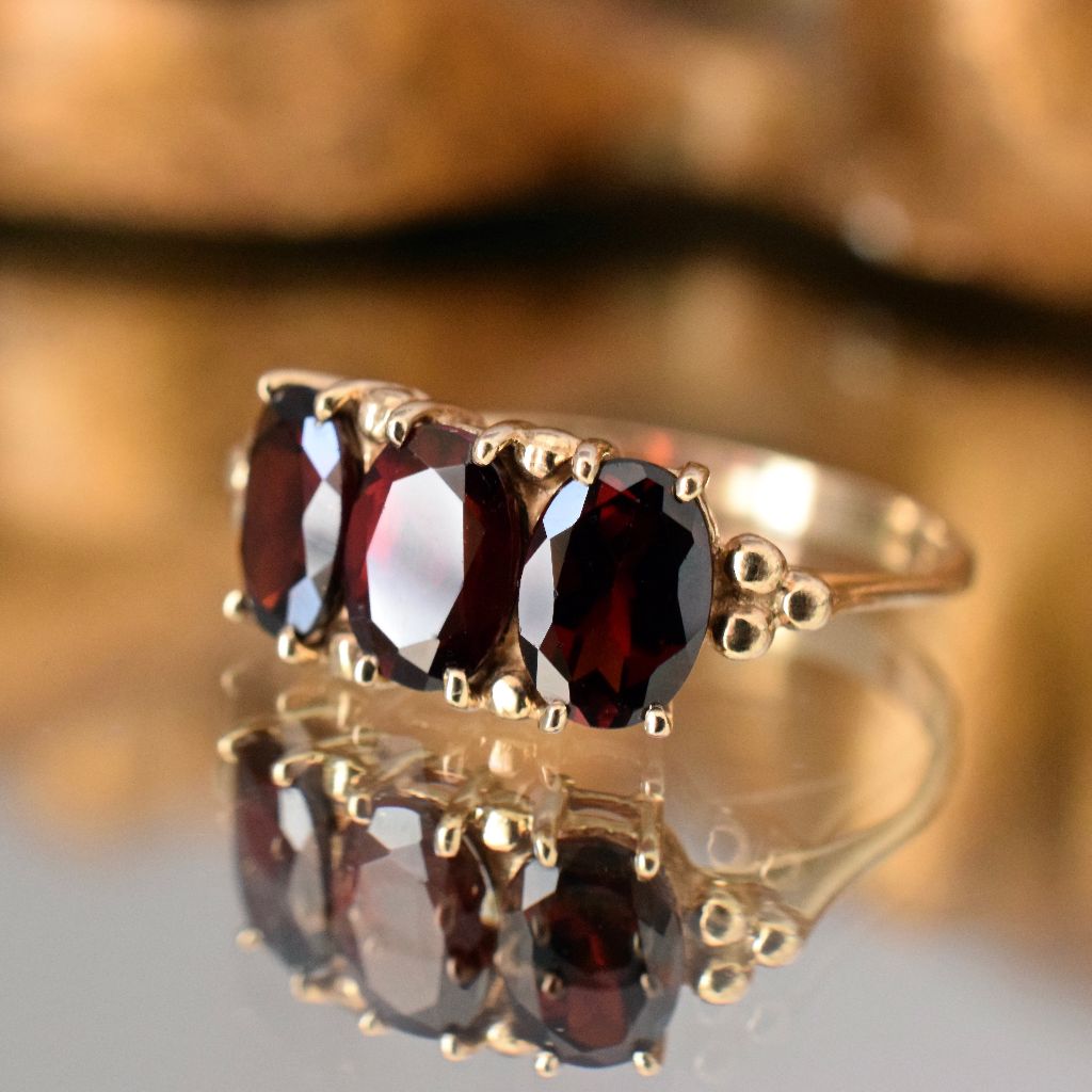 Modern/Vintage Garnet Trilogy 9ct Yellow Gold Ring