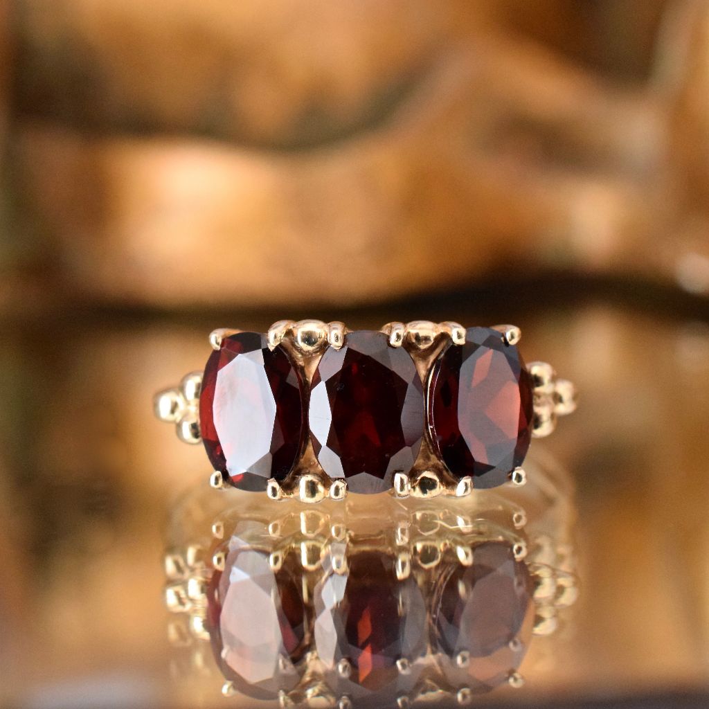 Modern/Vintage Garnet Trilogy 9ct Yellow Gold Ring
