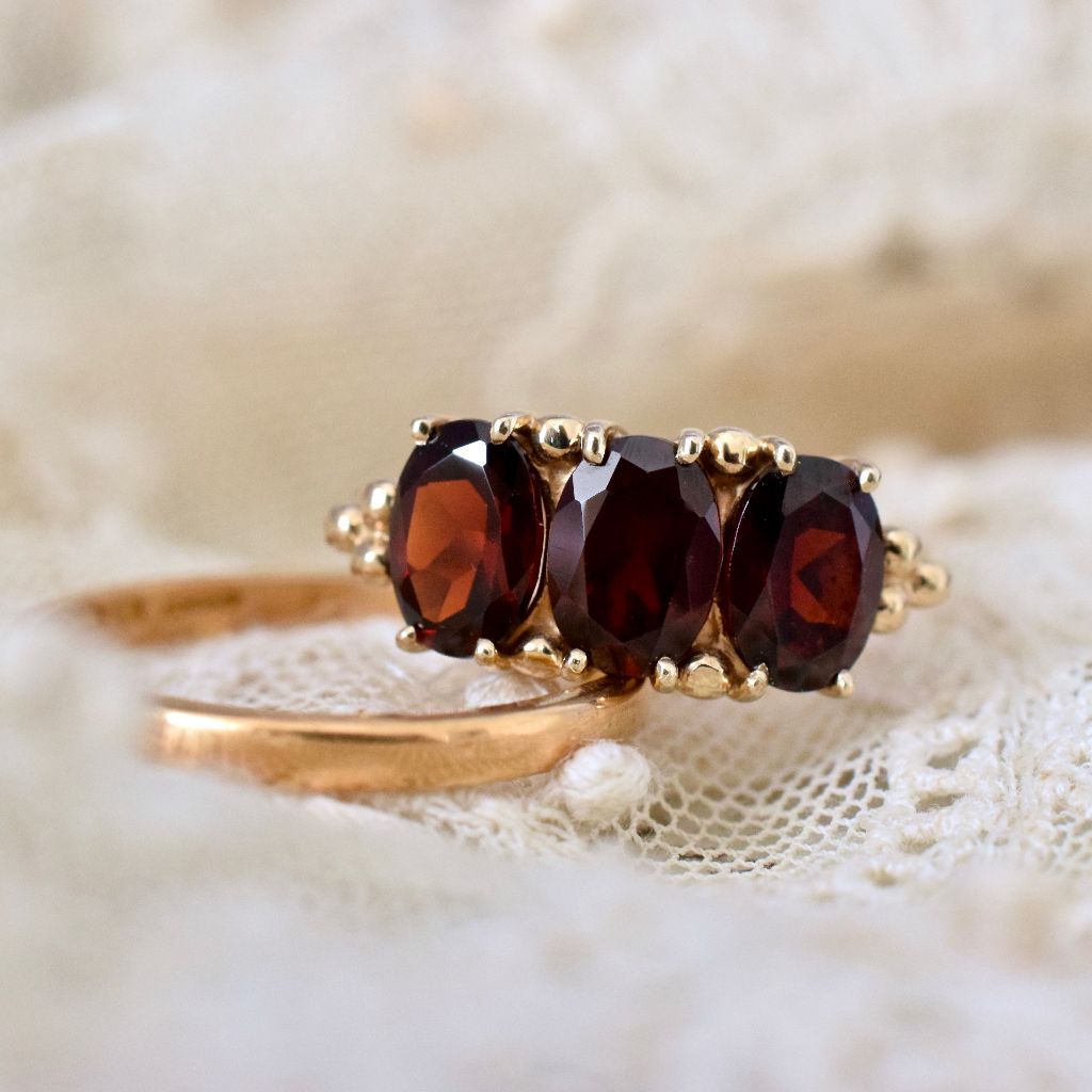 Modern/Vintage Garnet Trilogy 9ct Yellow Gold Ring